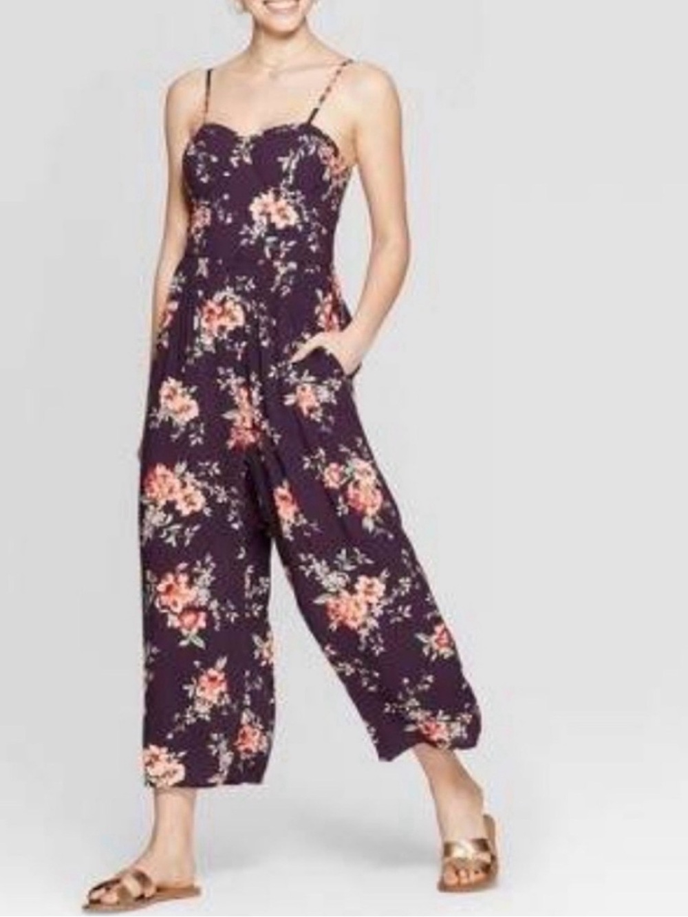 Xhilaration Plum Floral Strapless Wide-Leg Jumpsuit